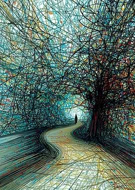 Figure walking on a path through a tangled forest