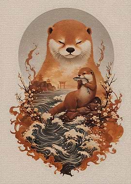 Otter Family with Japanese Scenery