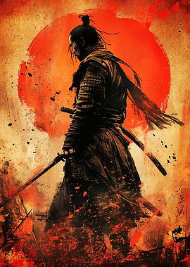 Samurai Warrior Against Red Sun