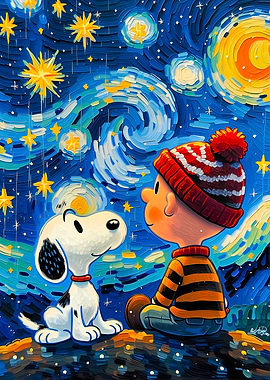 Snoopy and Charlie Brown under Starry Night
