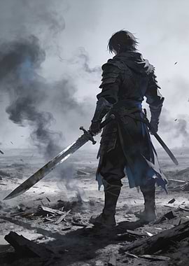Warrior in a desolate landscape