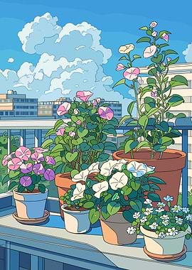 Balcony Garden with Morning Glories