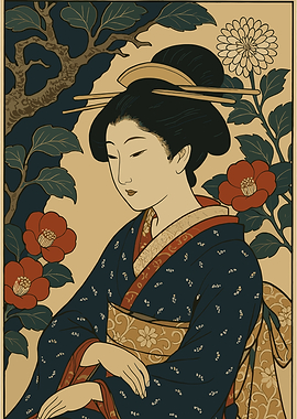 Geisha with Camellias and Chrysanthemum
