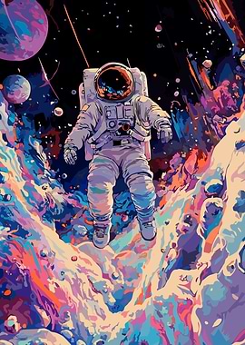 Astronaut floating in colorful space