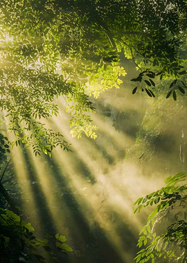 Sunbeams through forest canopy