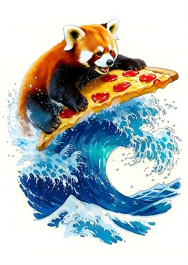 Red Panda Surfing Pizza on Wave