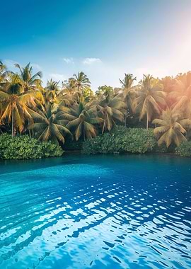 Tropical Paradise with Palm Trees and Blue Water
