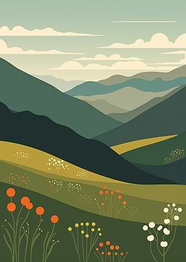 Stylized Mountain Landscape with Wildflowers