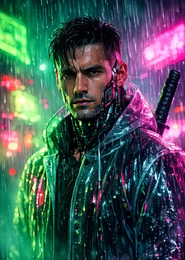 Cyberpunk Samurai in Neon Rain