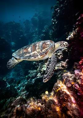 Sea Turtle Swimming Near Coral Reef