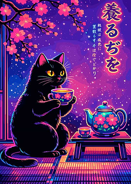 Black Cat Drinking Tea Under Cherry Blossoms