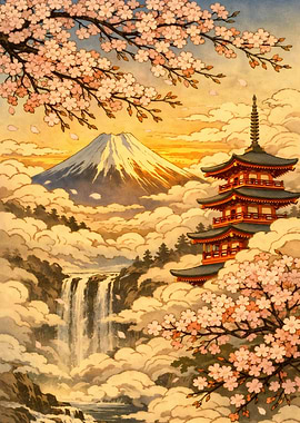 Mount Fuji Pagoda Waterfall Cherry Blossoms