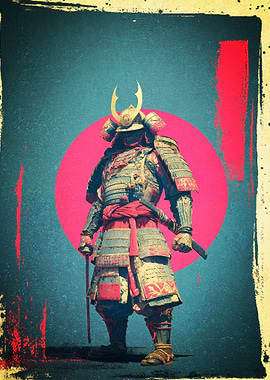 Samurai Warrior with Red Sun Art Poster