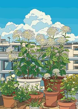 Balcony Garden with Chrysanthemums