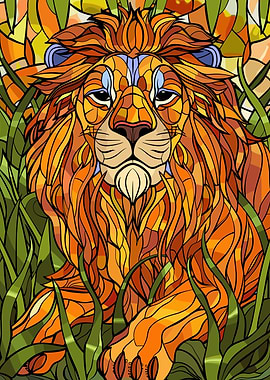 Stained Glass Lion in Tall Grass
