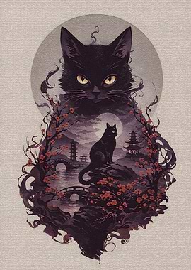Black Cat in Japanese Landscape