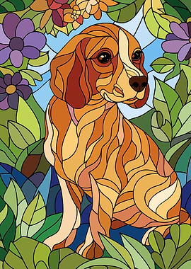 Stained Glass Dog in Floral Surroundings