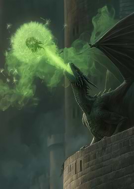 Dragon Breathing Green Fire on a Dandelion