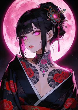 Anime Woman with Rose Tattoos