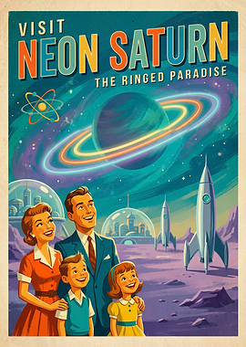 Visit Neon Saturn Retro Poster