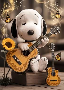 Snoopy Playing Guitar with Butterflies