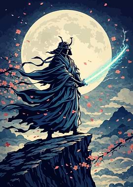 Samurai with glowing sword under the moon