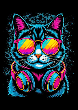 Neon DJ Cat Poster, Cool Cat Music Wall Art, Retro Headphones Illustration Print