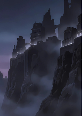 Misty mountain city at night