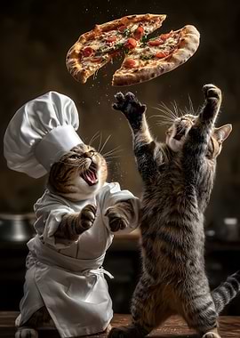 Cats in chef hats with pizza