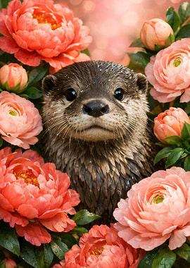 Cute Otter Among Flowers
