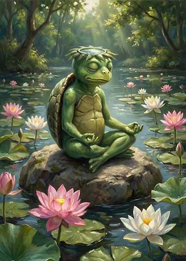 Meditating Turtle in Lotus Pond