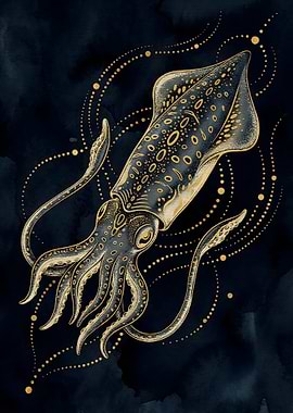 Golden Squid on Dark Background
