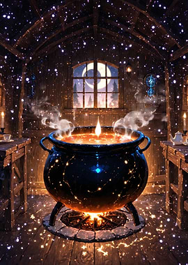 Magical Cauldron with Moonlit Window
