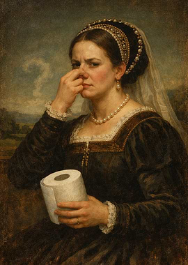 Woman holding toilet paper, pinching nose