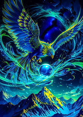 Mythical Phoenix Over Mountains