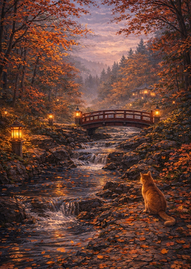 Autumn Cat by a Stream