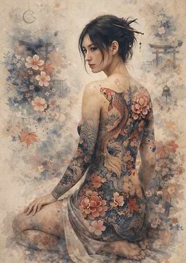 Tattooed Woman with Koi and Floral Motifs