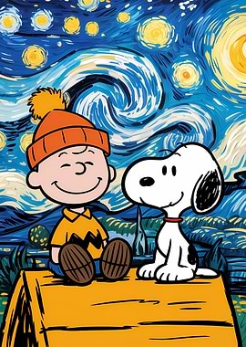 Charlie Brown and Snoopy in Starry Night