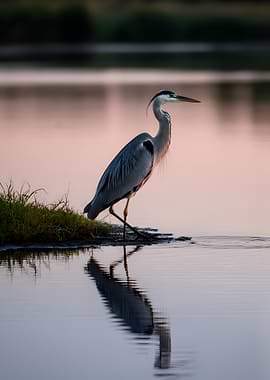 Heron reflected in water at sunset