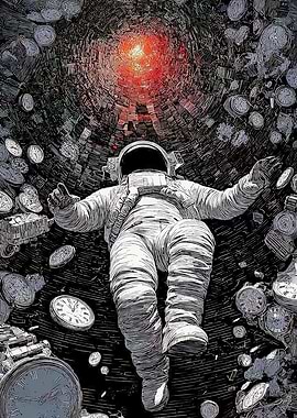 Astronaut floating in a time vortex