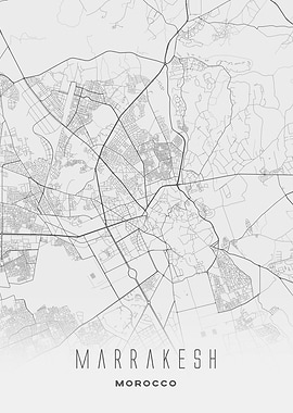 Marrakesh, Morocco - Minimal Black and White City Streets Map, Wall Art Poster
