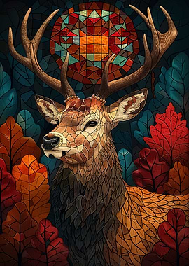 Stained Glass Deer in Autumn Forest