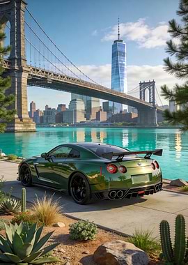 Green Nissan GT-R in New York City