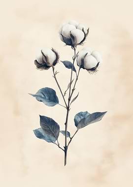 Vintage Cotton Branch Illustration | Vintage Cotton Botanical Study Wall Art
