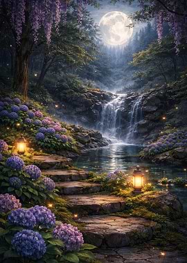 Enchanted Forest Waterfall at Night