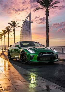 Green Nissan GT-R in Dubai