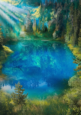 Forest Lake with Sunbeams