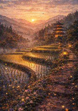 Serene Japanese Rice Terraces at Sunset