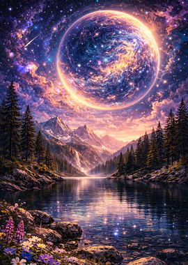 Cosmic Planet Over Mountain Lake