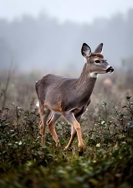 Deer in a foggy field